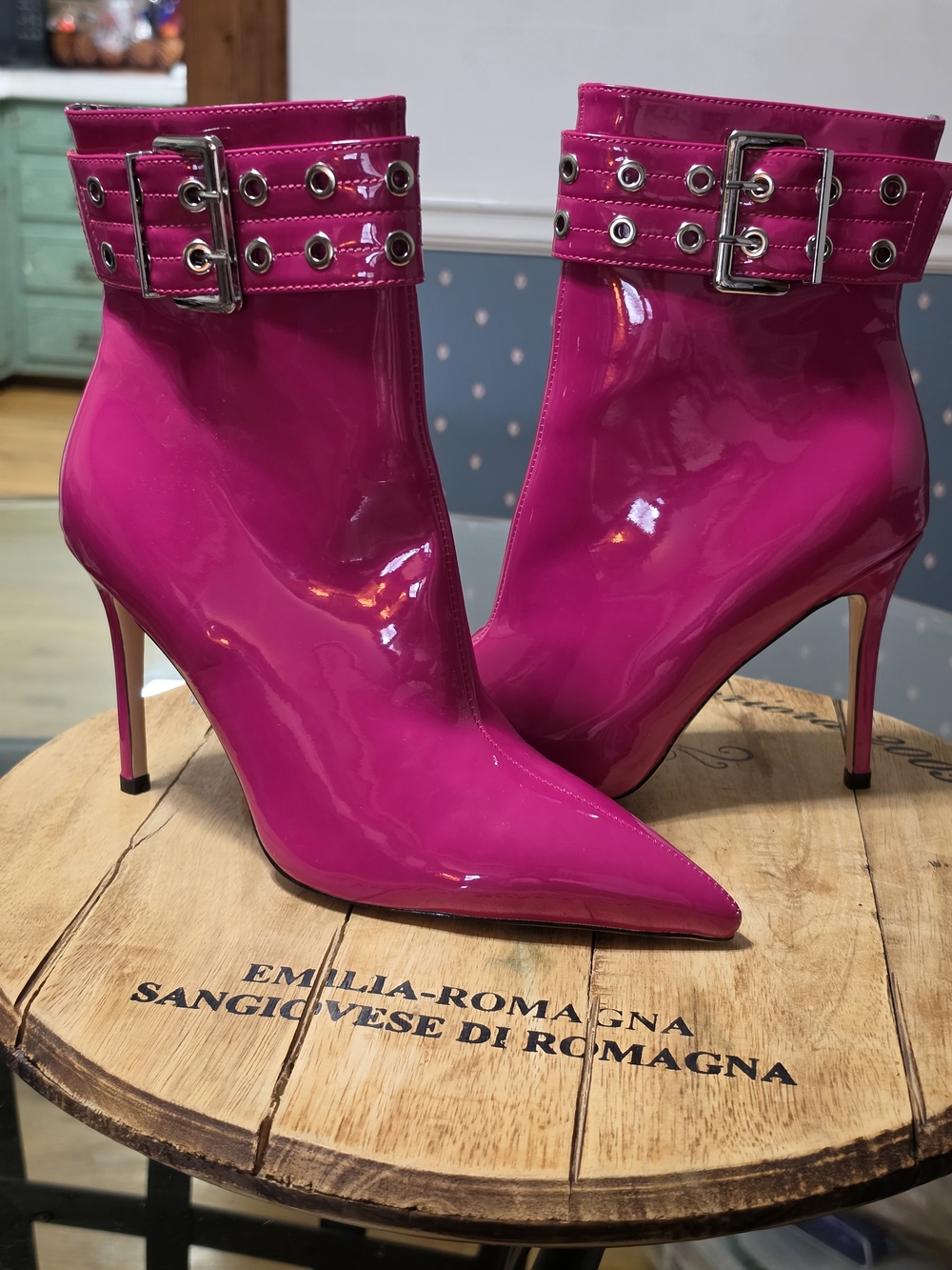 Patent Pointed Stiletto Ankle Boots in Hot Pink with Buckle Strap